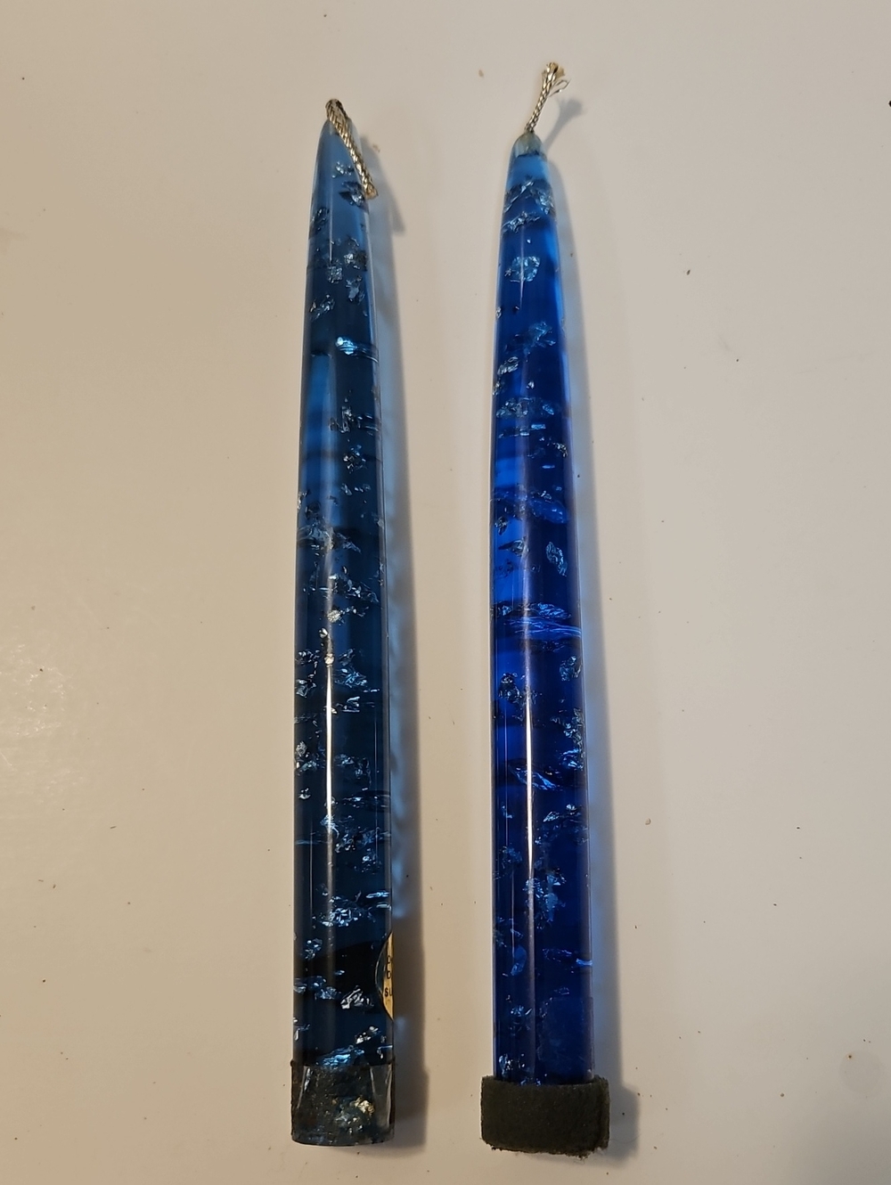 MCM LUCITE BLUE WITH SILVER FLAX, 8" INCH CANDLESTICKS.